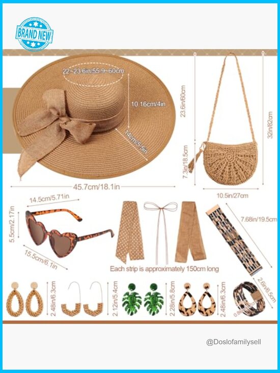 15pc Summer Beach Set Straw Sun Hat Shoulder Bag Sunglasses Earrings Bracelet